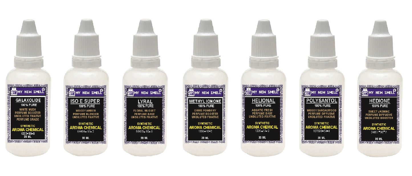 MNS GALAXOLIDE | ISO E SUPER | HEDIONE | POLY SANTOL | METHYL IONONE | HELIONAL | LYRAL | SET OF 7 PERFUME FIXATIVE BOOSTER DIFFUSIVE-(30 ML EACH)