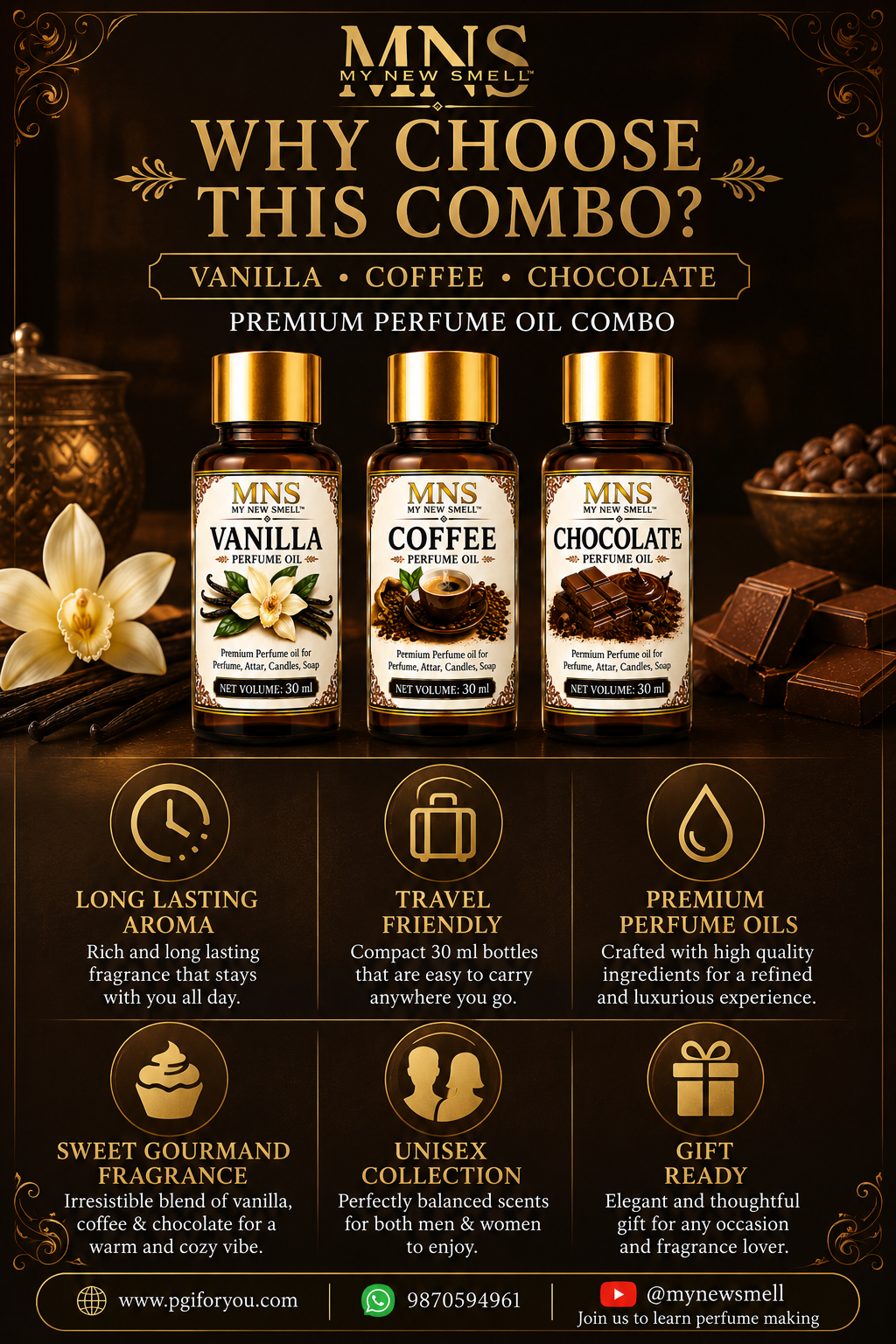 VANILLA COFFEE CHOCOLATE PERFUME OIL COMBO 30 ML EACH