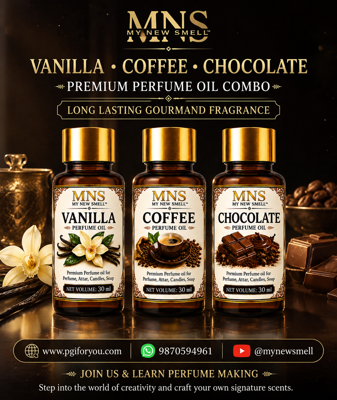 VANILLA COFFEE CHOCOLATE PERFUME OIL COMBO 30 ML EACH