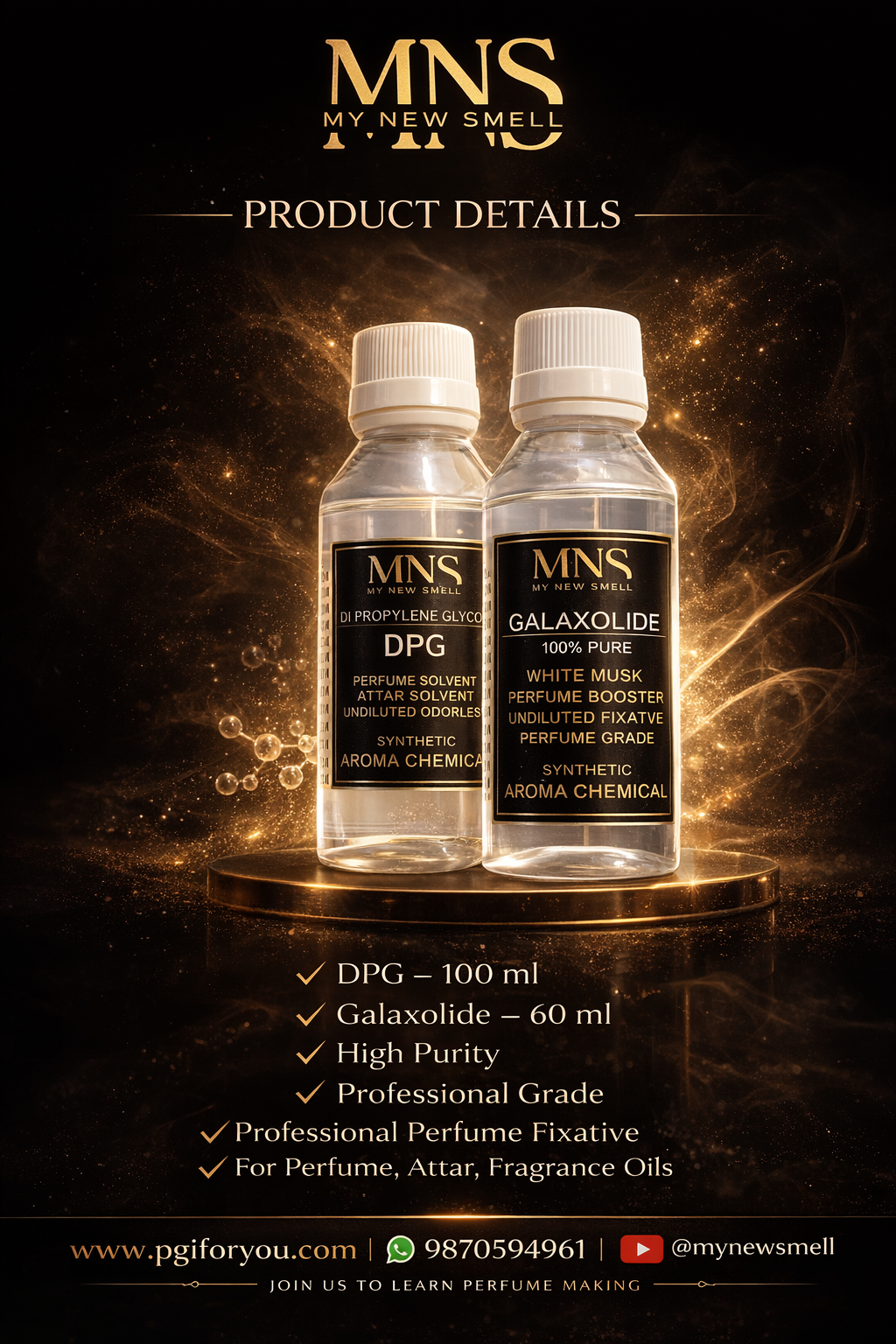 DPG (DI PROPYLENE GLYCOL) 100 ml + GLAXOLIDE 60 ml Perfume Fixative Booster Enhancer with HOW TO USE MANUAL Perfume Grade