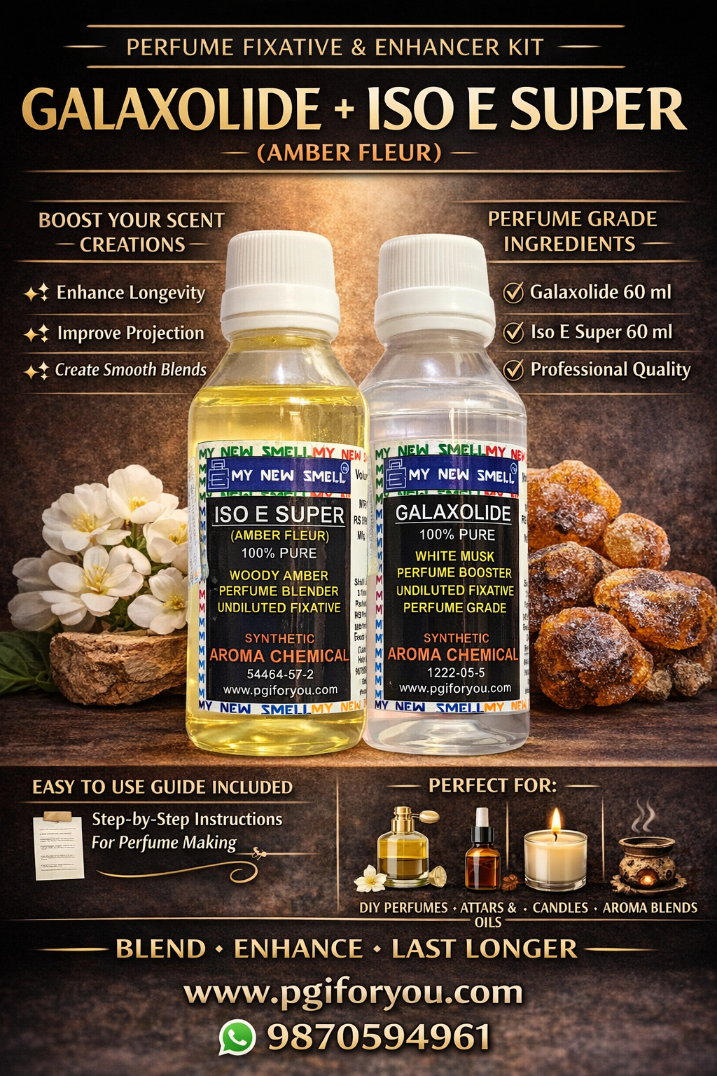 GALAXOLIDE 60 ML + ISO E SUPER (AMBER FLEUR) 60 ML Perfume Fixative Booster Enhancer with HOW TO USE MANUAL Perfume Grade