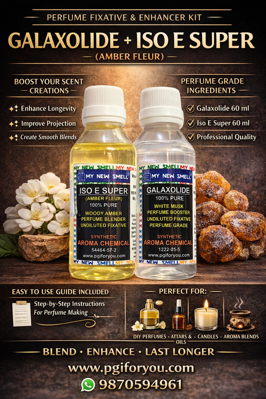 GALAXOLIDE 60 ML + ISO E SUPER (AMBER FLEUR) 60 ML Perfume Fixative Booster Enhancer with HOW TO USE MANUAL Perfume Grade