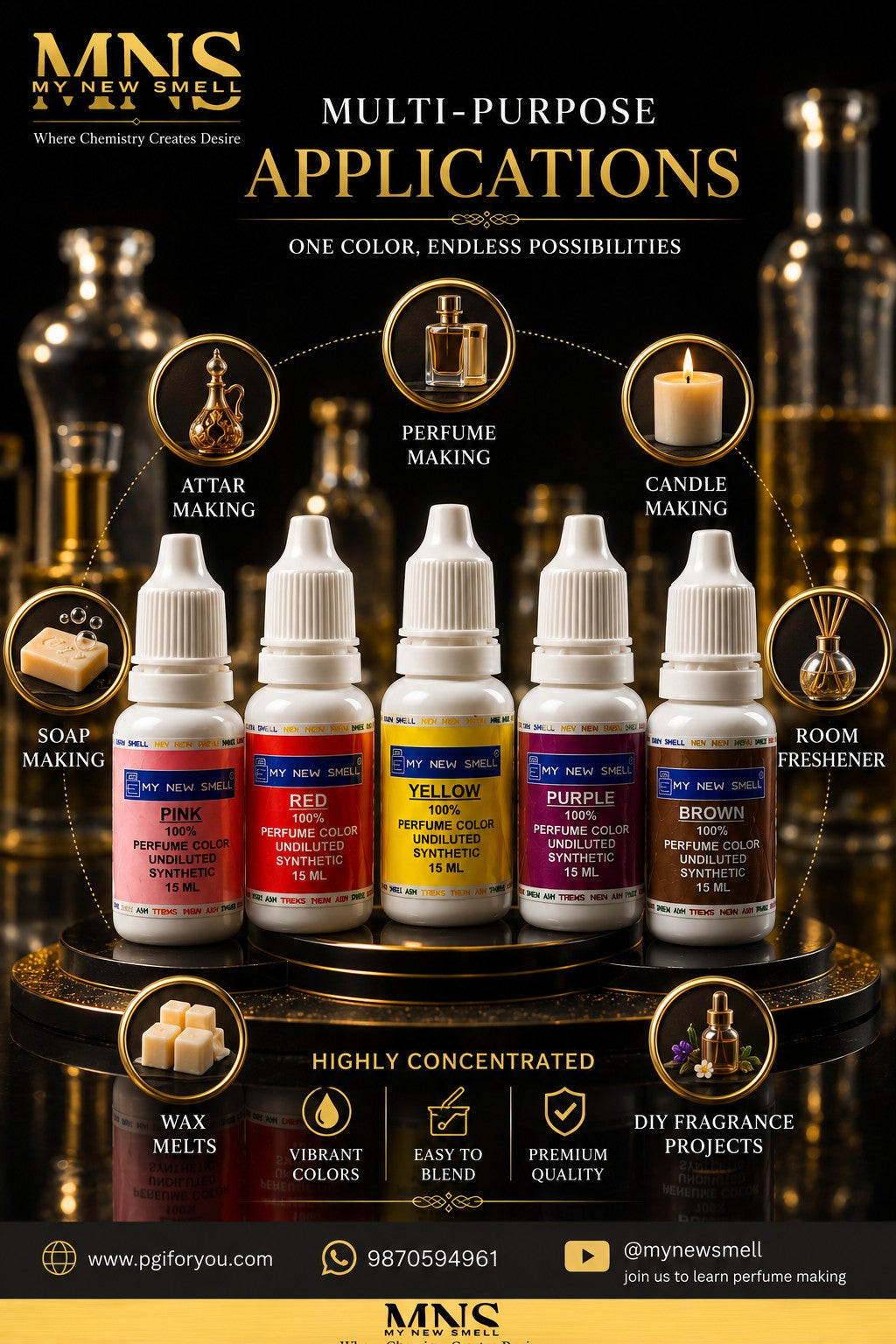 MNS Set of 5, 15 ml each Undiluted Liquid Colors for Perfume Making | Non-Toxic Bright and Vibrant Colors
