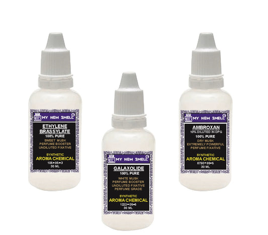 MNS Galaxolide Ethylene Brassylate Ambroxan (Diluted @ 10%)| Set of 3 Musk | Perfume Fixative Booster Enhancer – 30 ml each