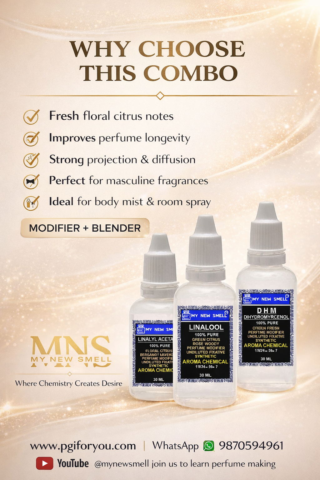 MNS Linalool Linalyl Acetate DHM 100% Pure with Hoe to use Manual | Perfume Making Material | Perfume Modifier Blender Fixative – (30 ml Each)