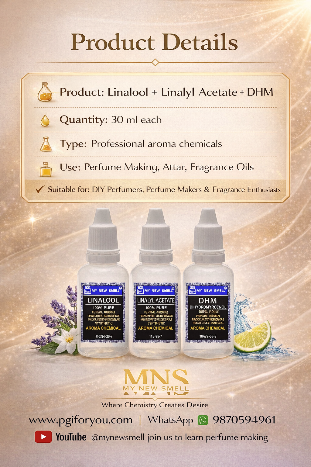 MNS Linalool Linalyl Acetate DHM 100% Pure with Hoe to use Manual | Perfume Making Material | Perfume Modifier Blender Fixative – (30 ml Each)