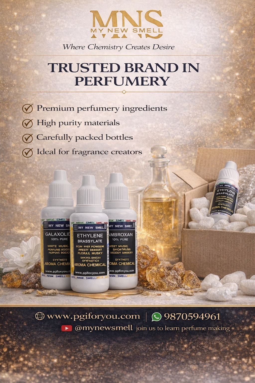 MNS Galaxolide Ethylene Brassylate Ambroxan (Diluted @ 10%)| Set of 3 Musk with How to use Manual| Perfume Fixative Booster Enhancer – 30 ml each