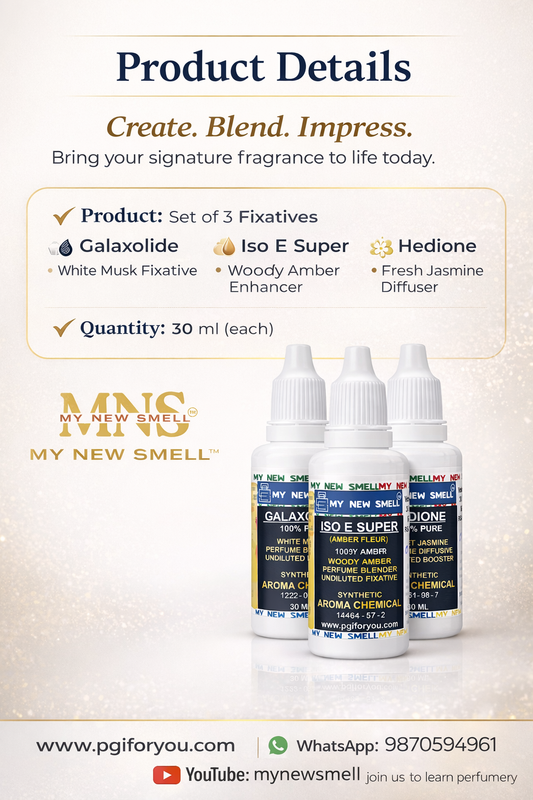 MNS Galaxolide Hedione Iso E Super (30 ML EACH) - Combo of 3 Fixatives for Perfume Booster Diffusive Blender with How to use Manual