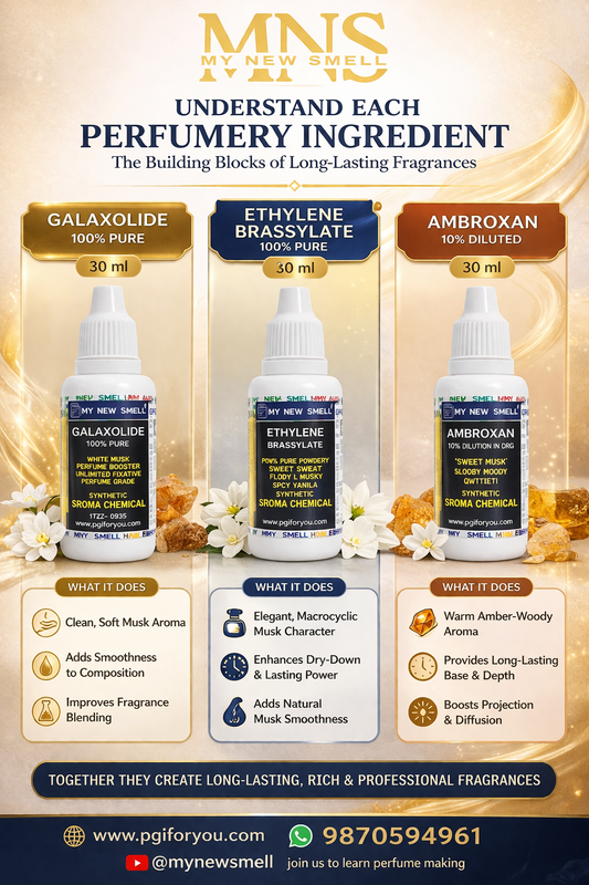 MNS Galaxolide Ethylene Brassylate Ambroxan (Diluted @ 10%)| Set of 3 Musk with How to use Manual| Perfume Fixative Booster Enhancer – 30 ml each